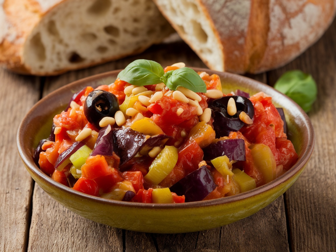 A bowl of Sicilian Caponata with eggplant, tomatoes, olives, and toasted pine nuts, garnished with basil on a rustic table with bread.